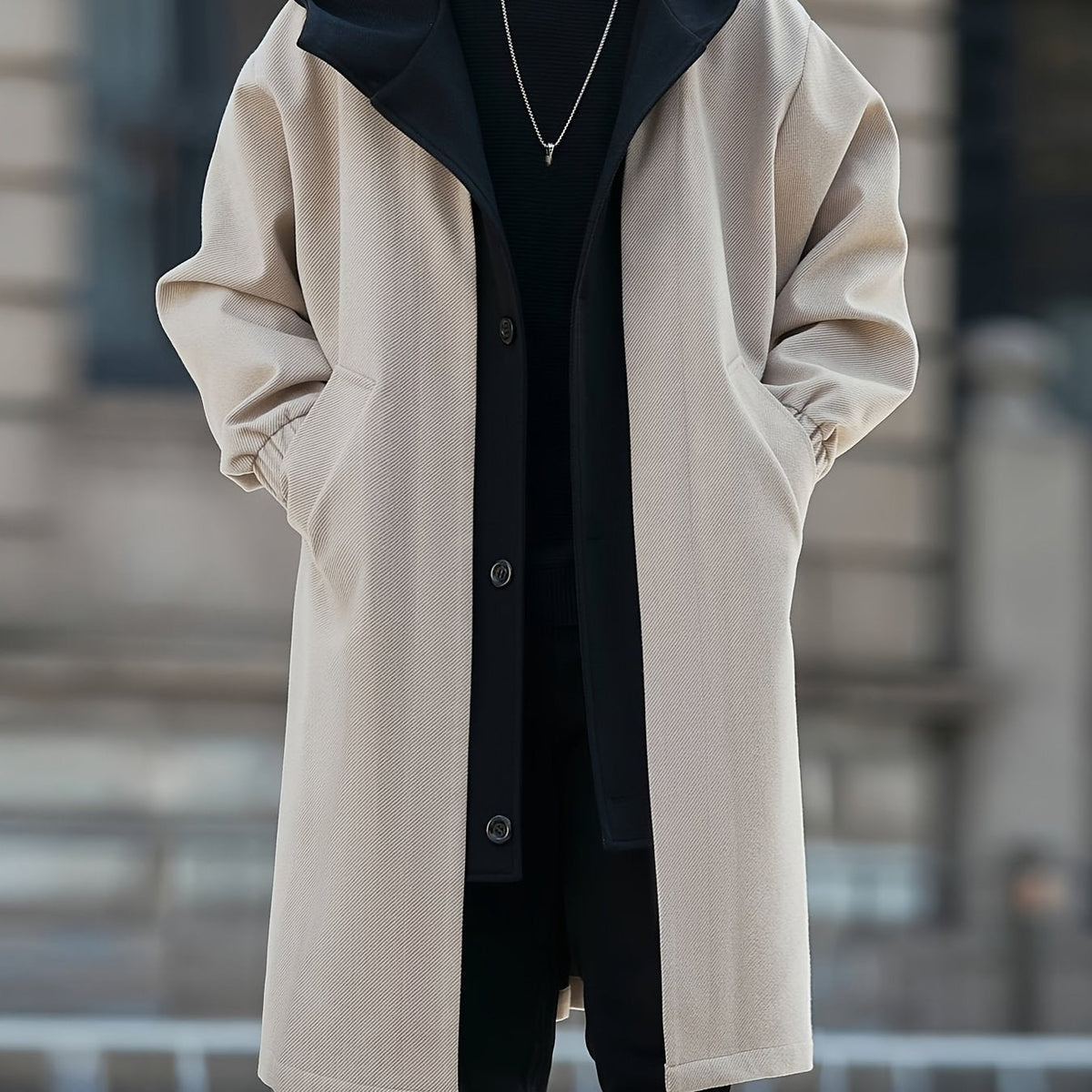 Apricot Hooded Longline Winter Coat with Layered Collar and Pockets