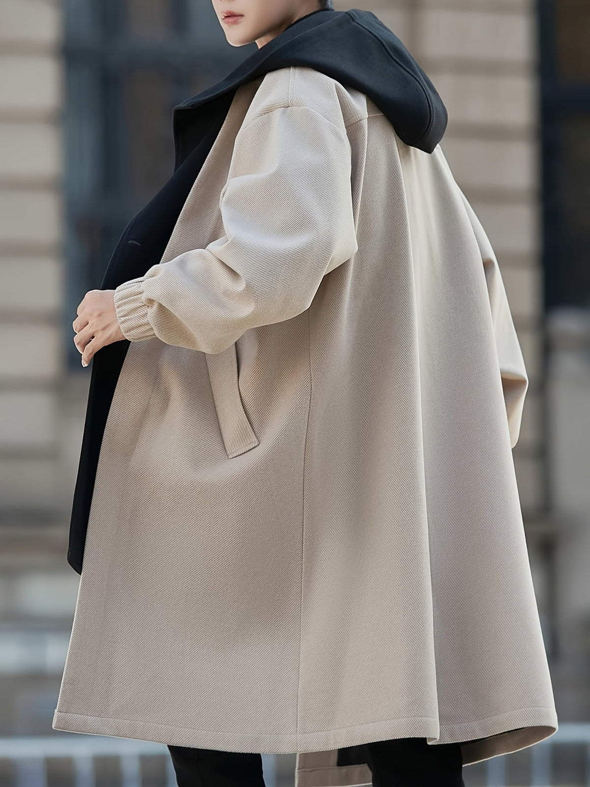 Hooded Longline Winter Coat with Layered Collar and Pockets