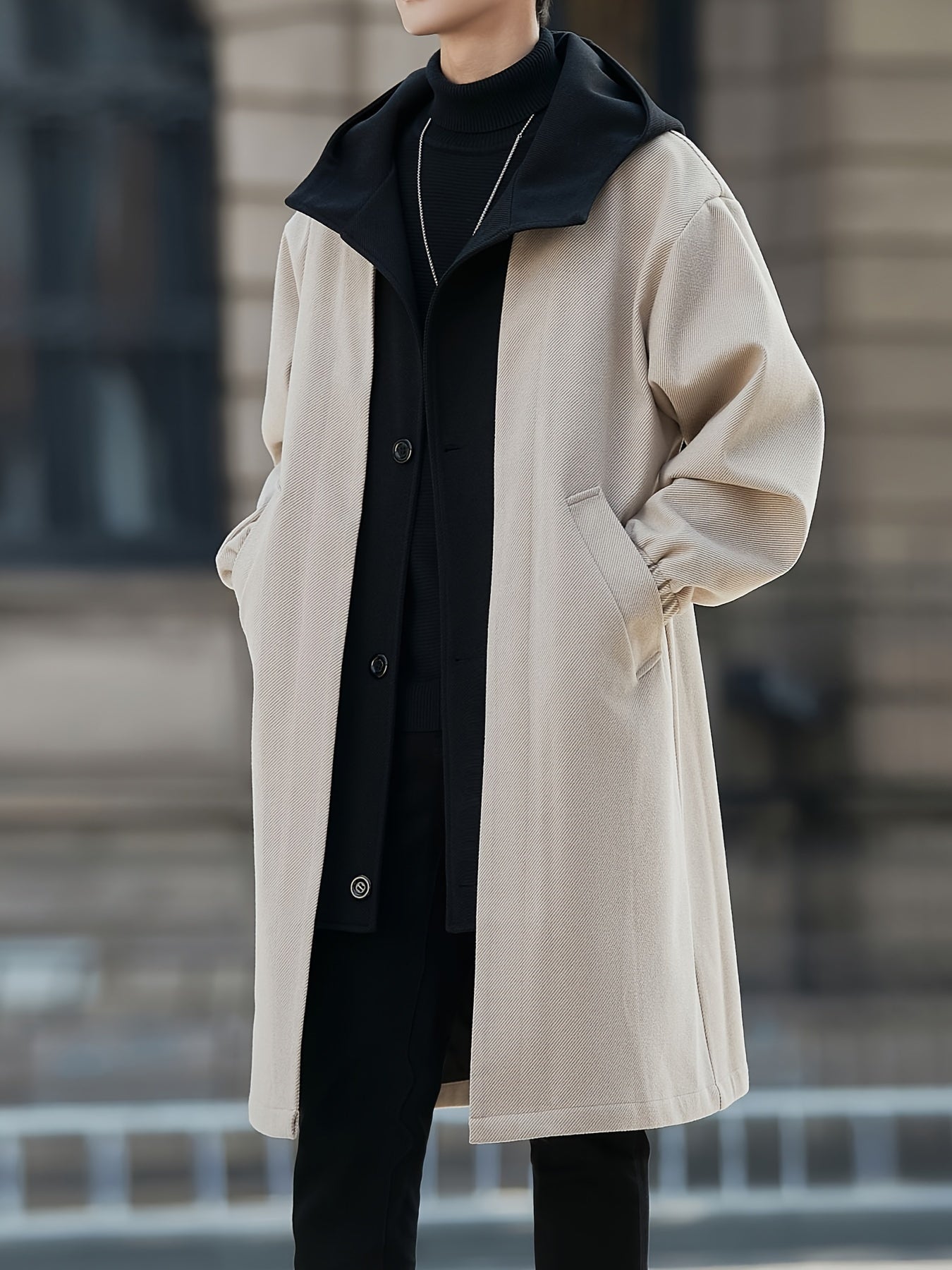 Hooded Longline Winter Coat with Layered Collar and Pockets – view 2