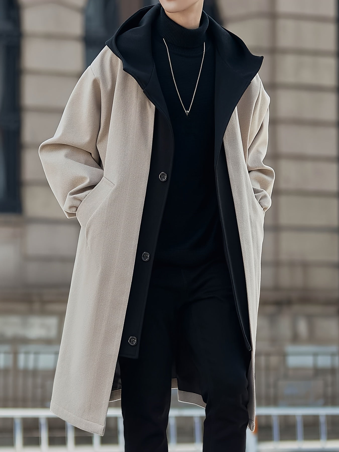 Hooded Longline Winter Coat with Layered Collar and Pockets – view 3