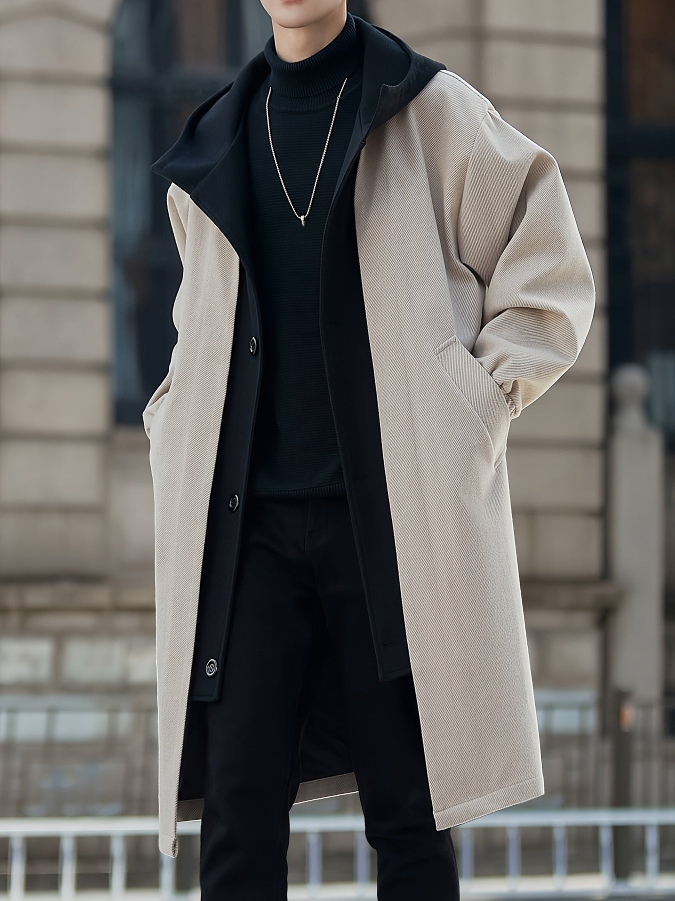 Hooded Longline Winter Coat with Layered Collar and Pockets – view 4