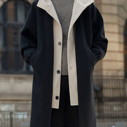Black Hooded Longline Winter Coat with Layered Collar and Pockets