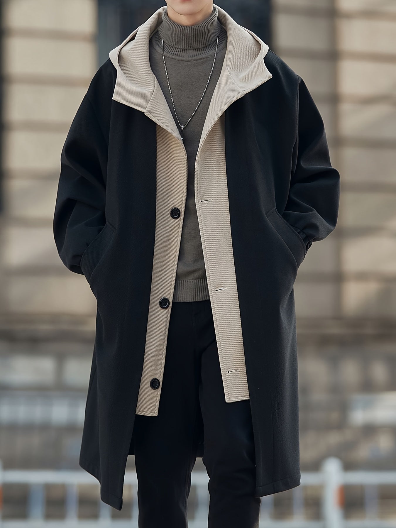 Hooded Longline Winter Coat with Layered Collar and Pockets – view 6