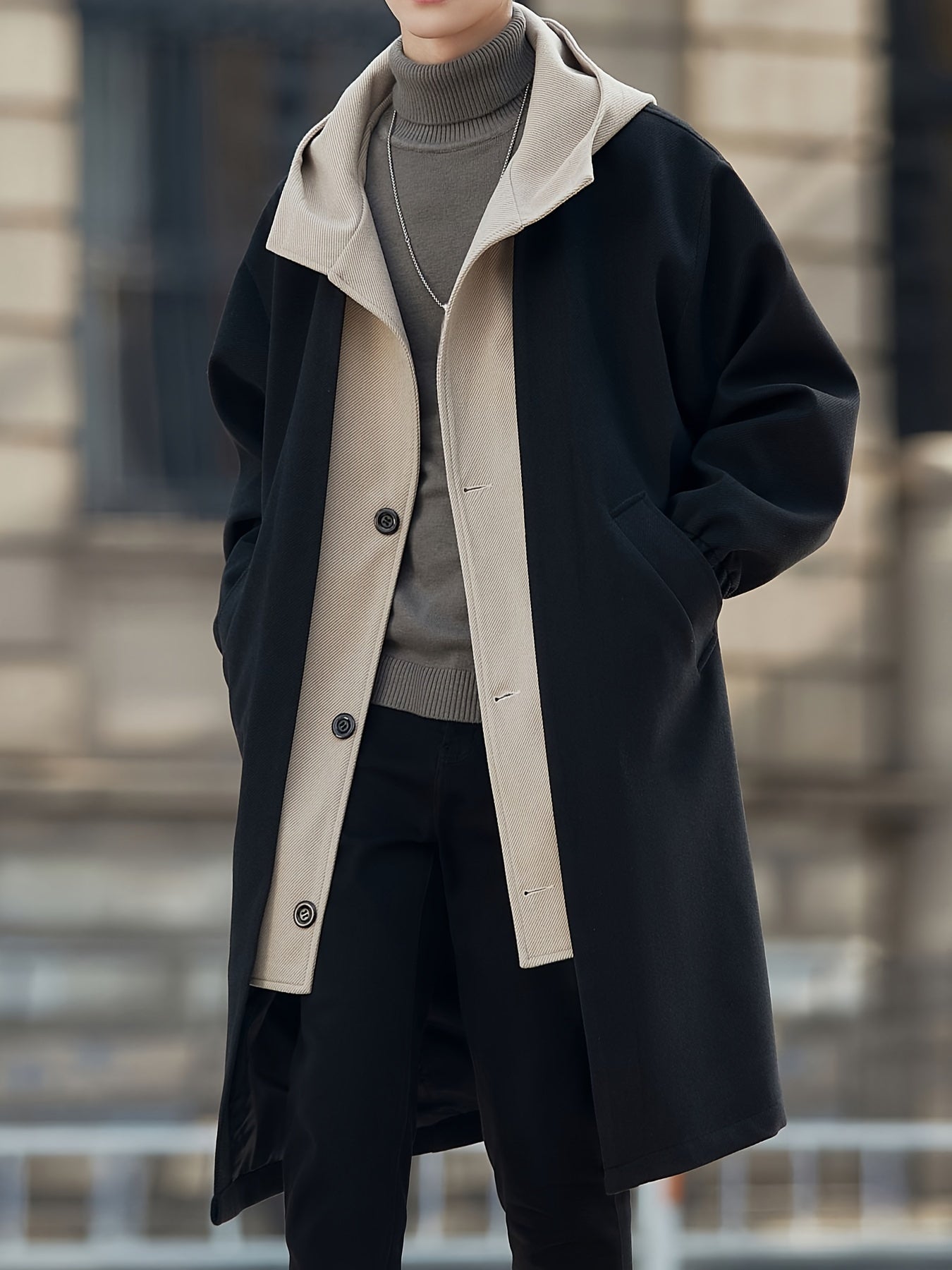 Hooded Longline Winter Coat with Layered Collar and Pockets – view 7