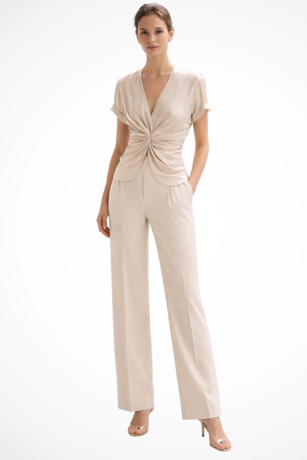 Women's cream v-neck twist front short sleeve blouse