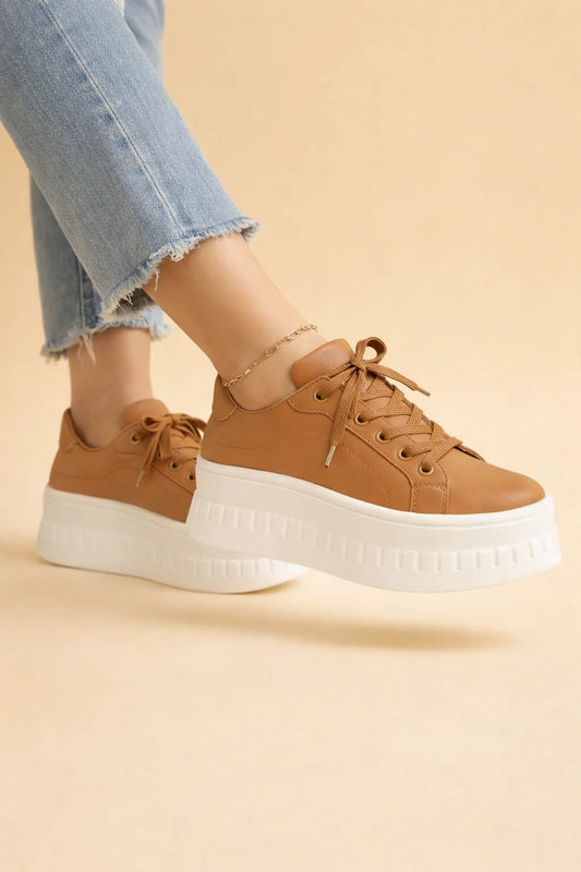 Women's tan chunky platform sneakers in PU leather
