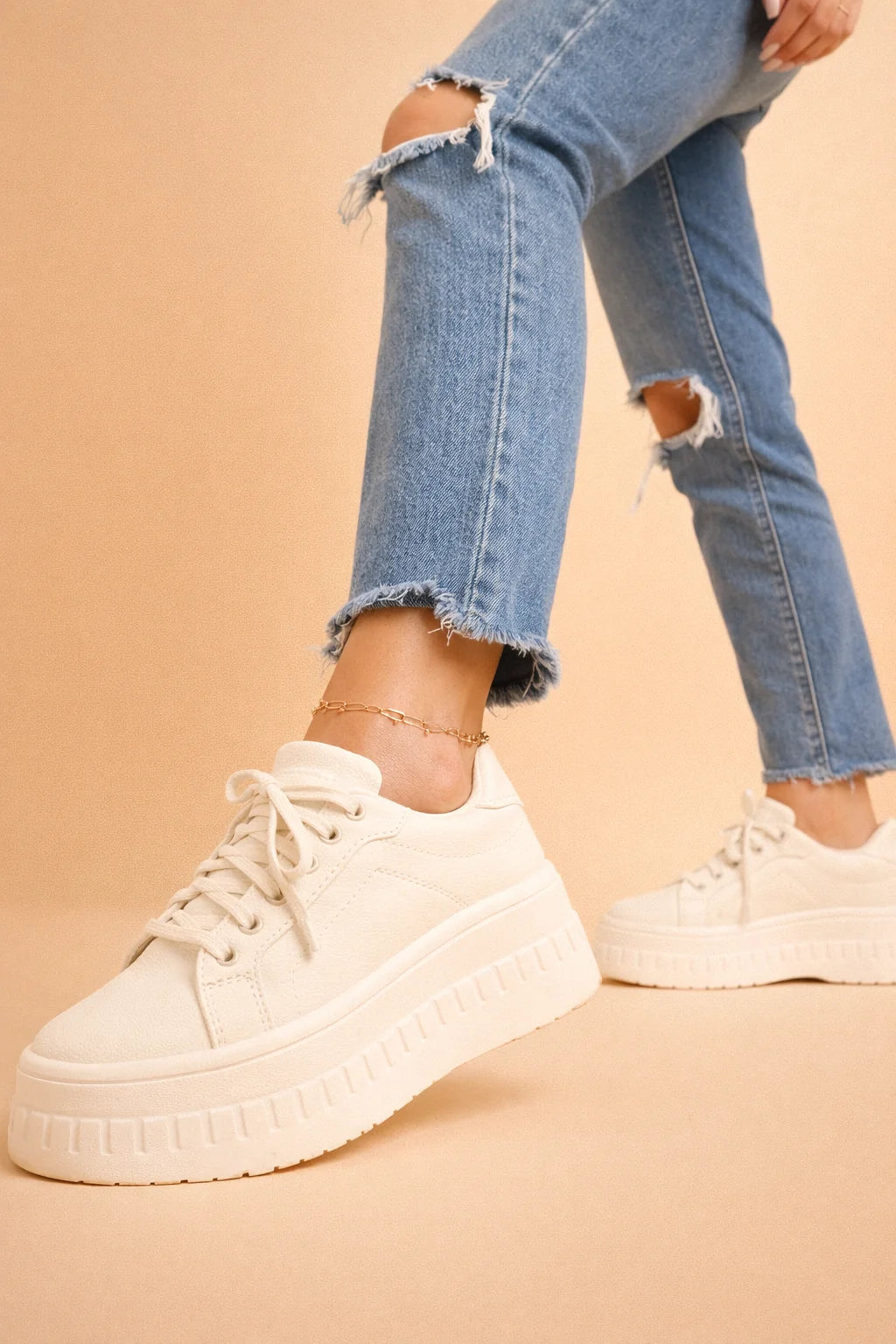 Women's cream chunky platform sneakers in PU leather