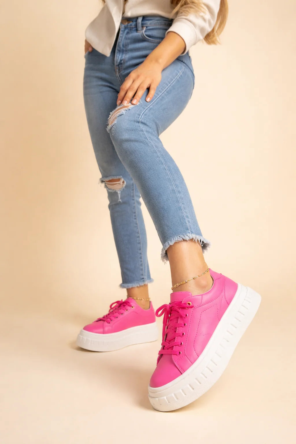 Women's hot pink chunky platform sneakers in PU leather