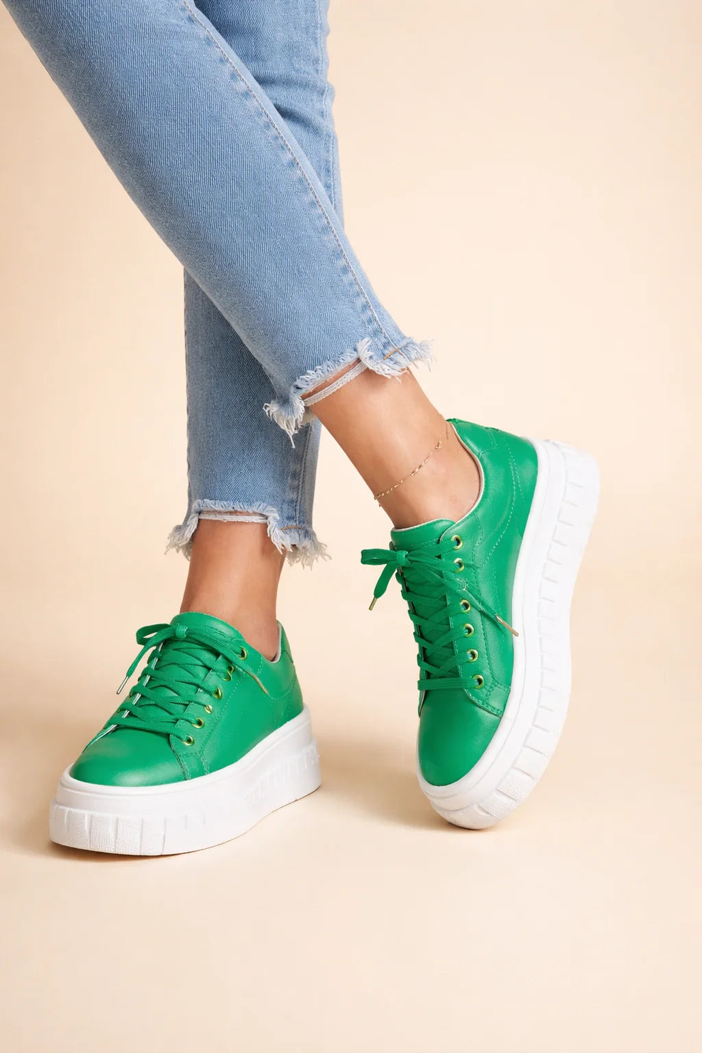Women's emerald green chunky platform sneakers in PU leather