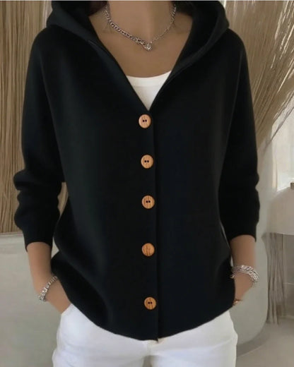 Women's black hooded cardigan with button front