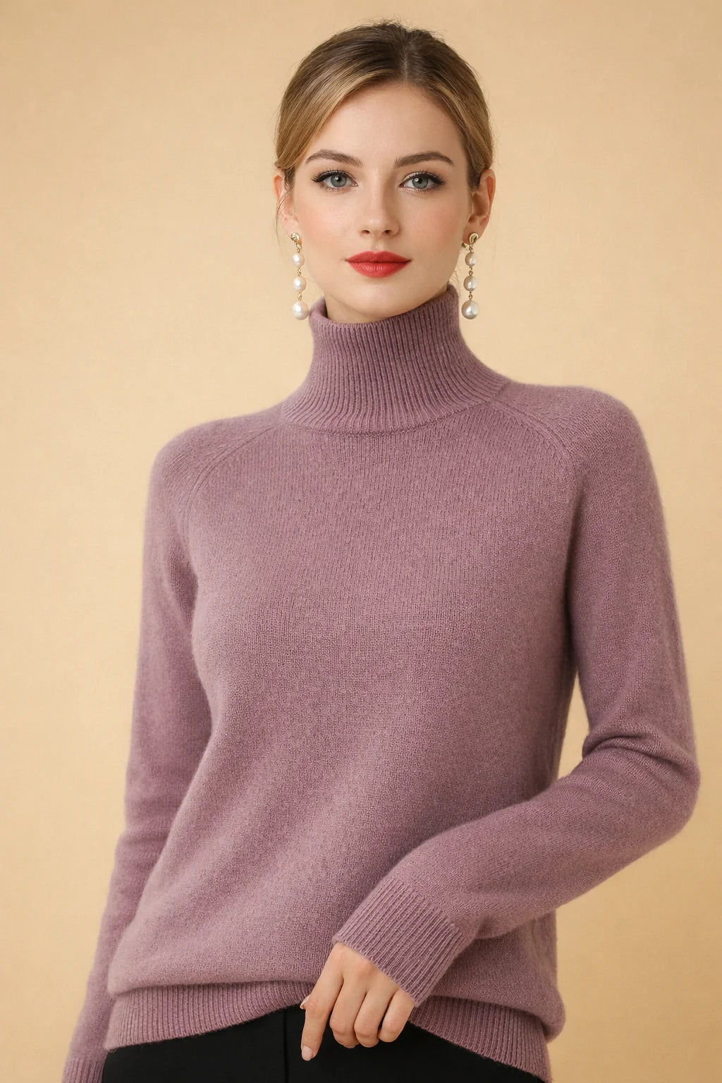 Women's mauve fine knit turtleneck sweater