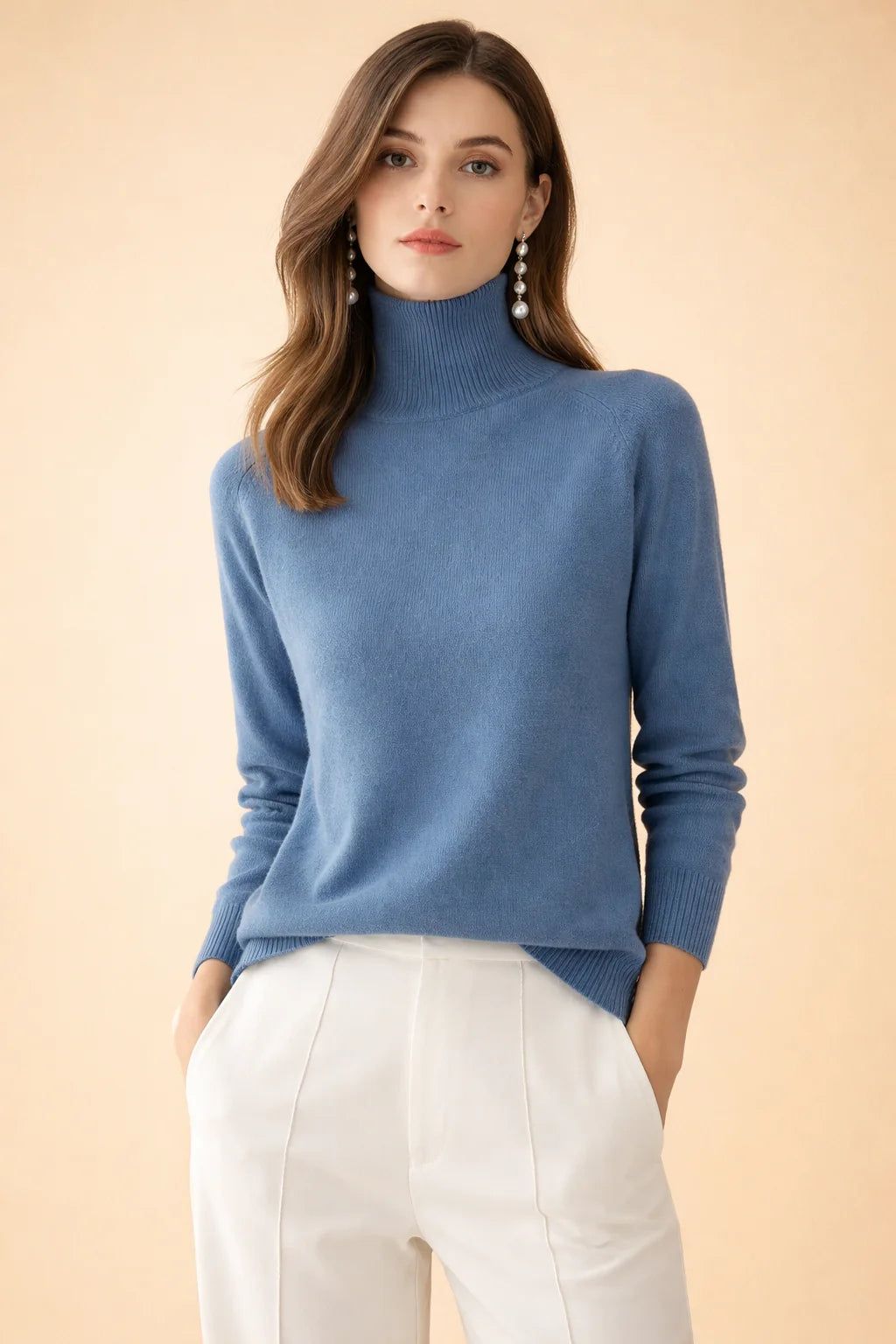 Women's blue fine knit turtleneck sweater