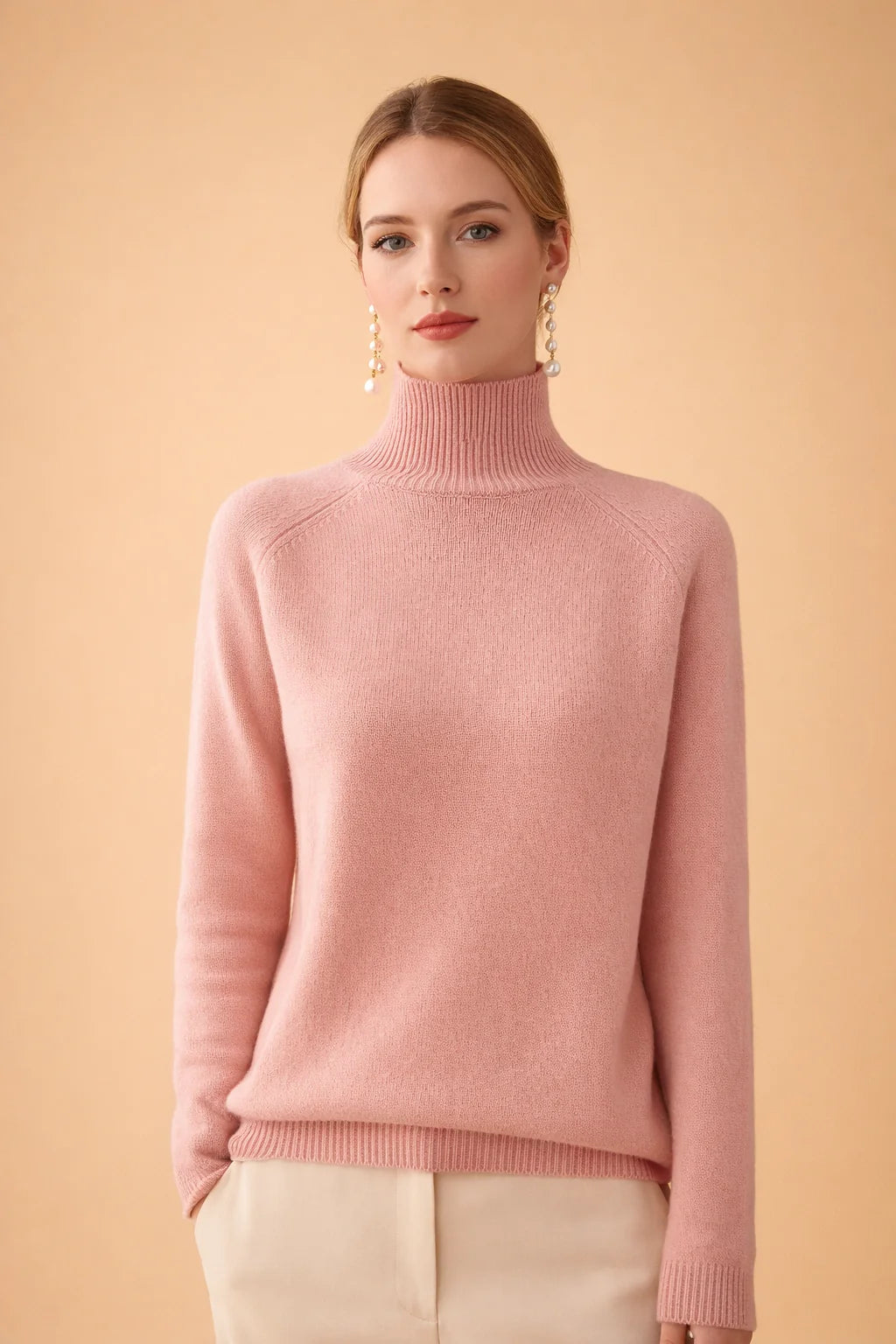 Women's pink fine knit turtleneck sweater