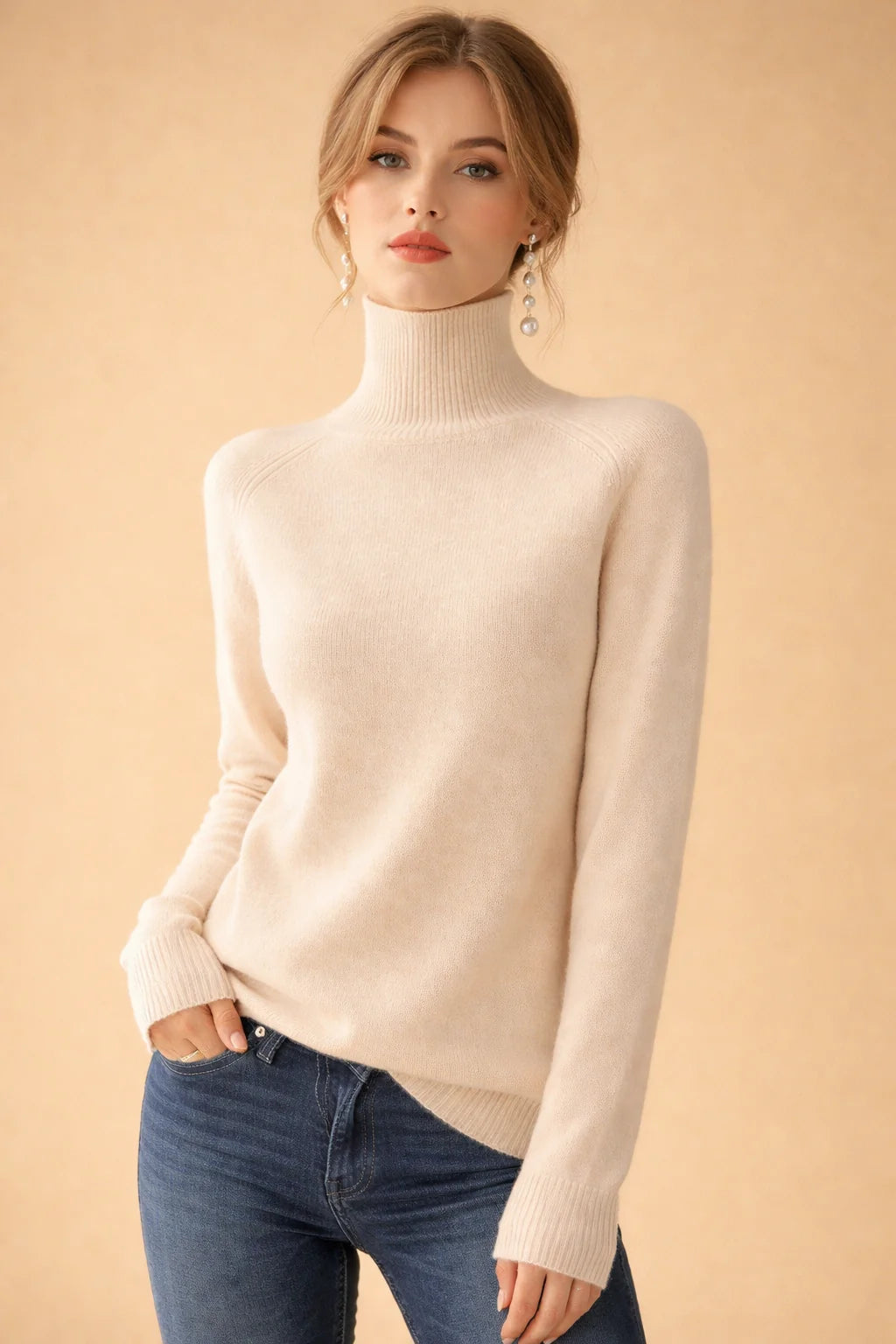 Women's cream fine knit turtleneck sweater