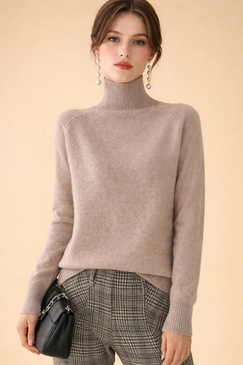 Women's beige fine knit turtleneck sweater