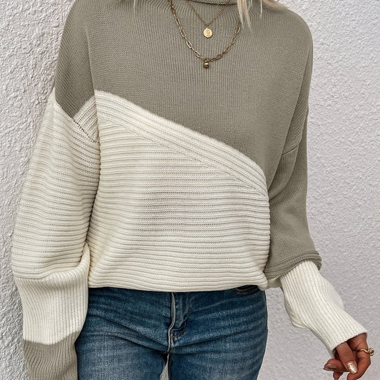 Women's Color Block Sweater, Relaxed Winter Knit Top