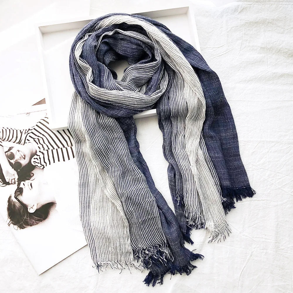 Blue striped cotton linen scarf with lightweight weave