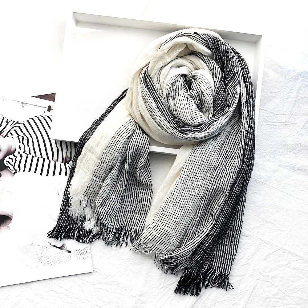 Black striped cotton linen scarf with lightweight weave