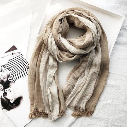 Khaki striped cotton linen scarf with lightweight weave