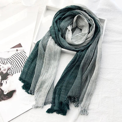 Green striped cotton linen scarf with lightweight weave
