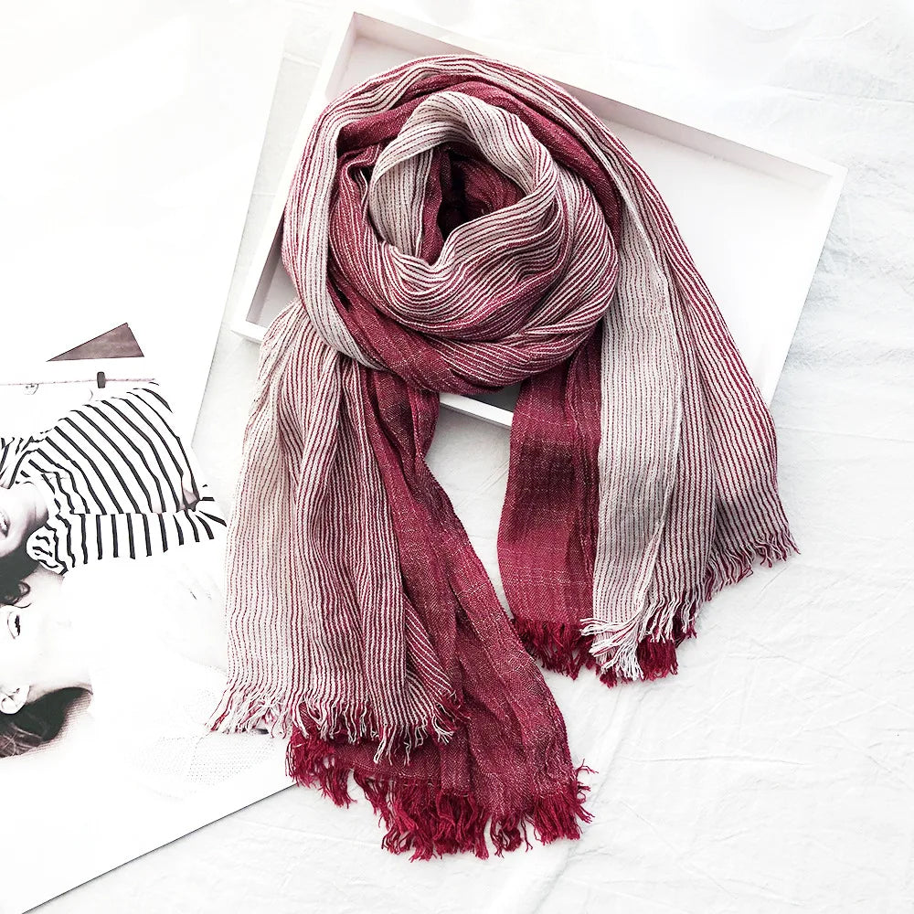 Red striped cotton linen scarf with lightweight weave