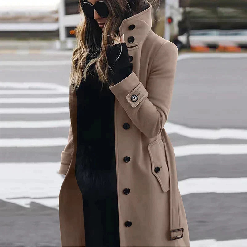 Khaki Belted High-Neck Longline Trench Coat