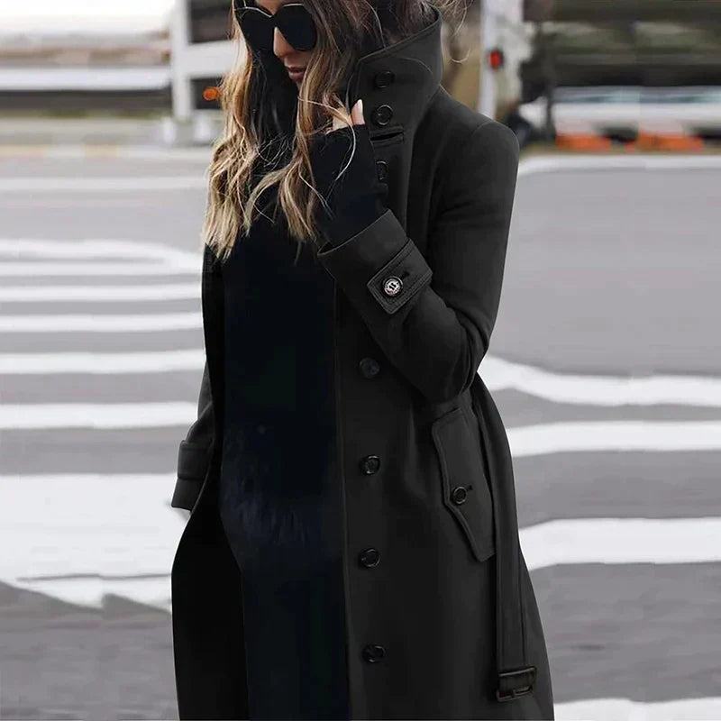Black Belted High-Neck Longline Trench Coat