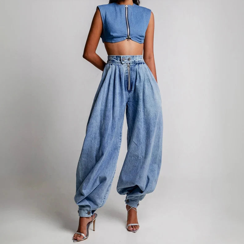 Women's blue high waisted balloon leg jeans