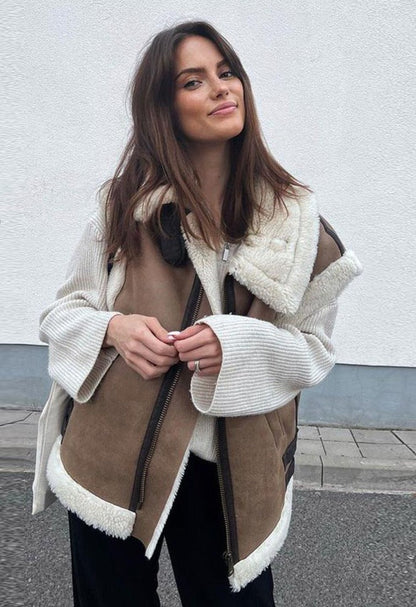 Brown Relaxed Shearling Jacket with Statement Collar and Open Front