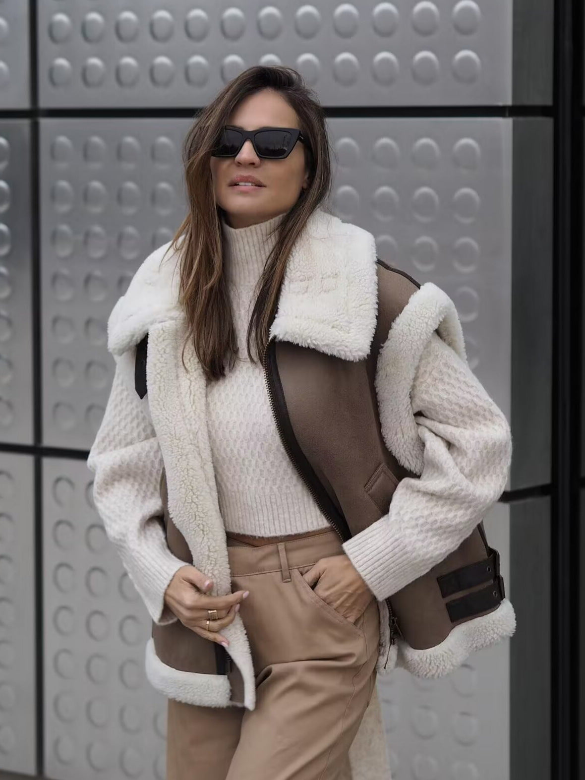 Relaxed Shearling Jacket with Statement Collar and Open Front