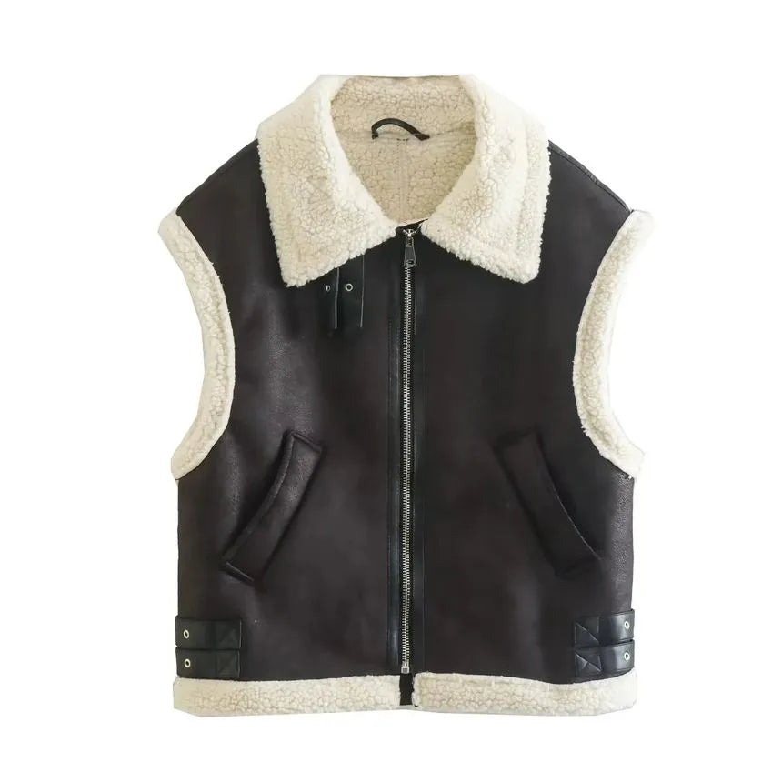Black Relaxed Shearling Jacket with Statement Collar and Open Front
