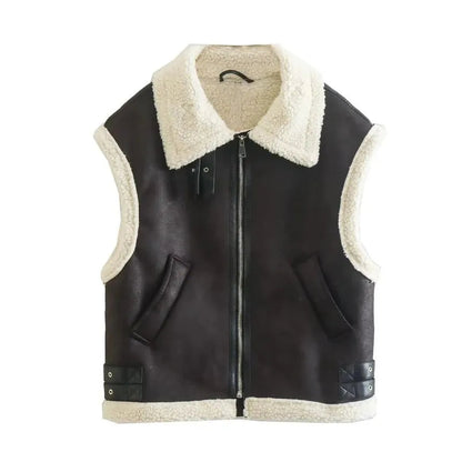 Black Relaxed Shearling Jacket with Statement Collar and Open Front