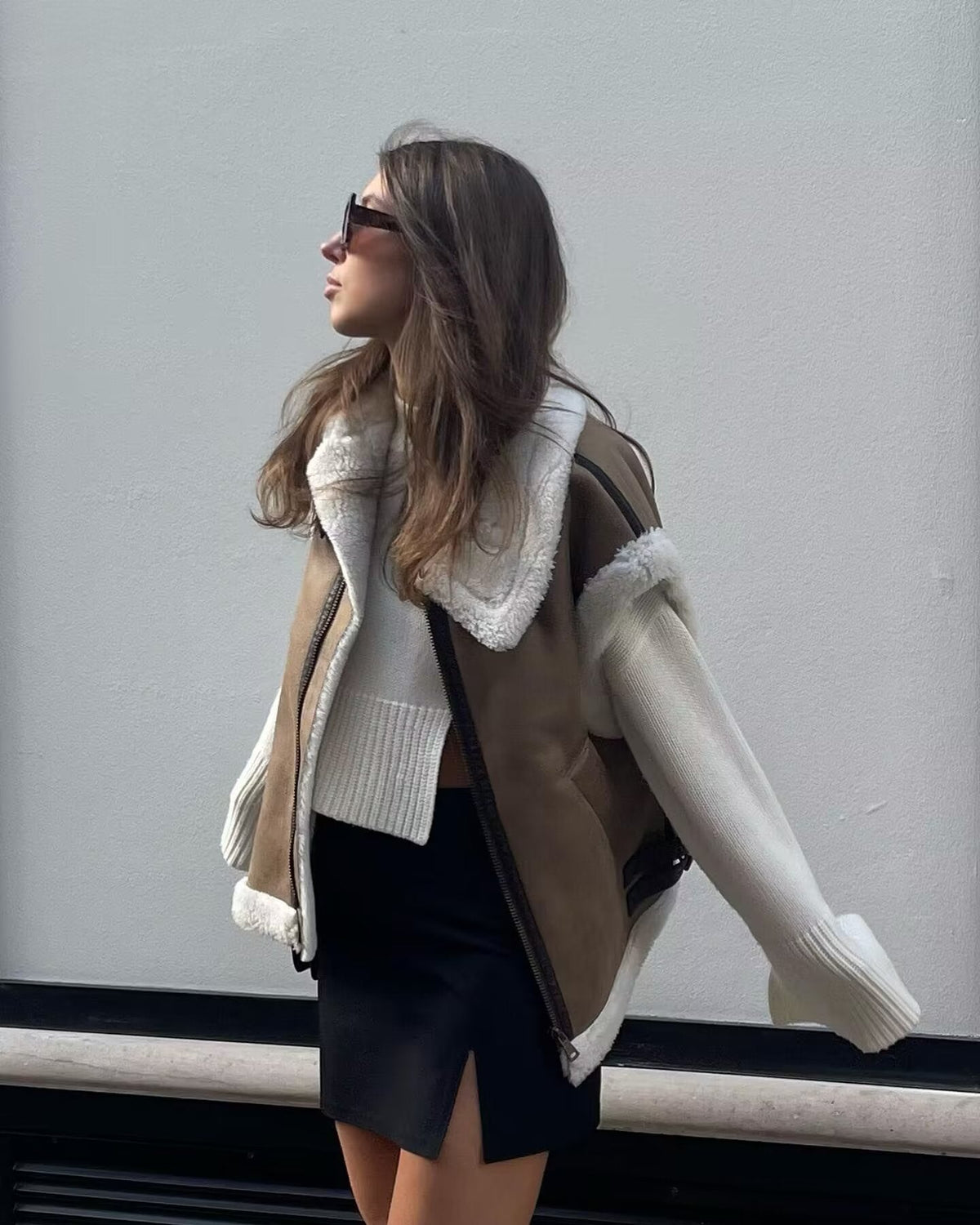 Relaxed Shearling Jacket with Statement Collar and Open Front – view 6