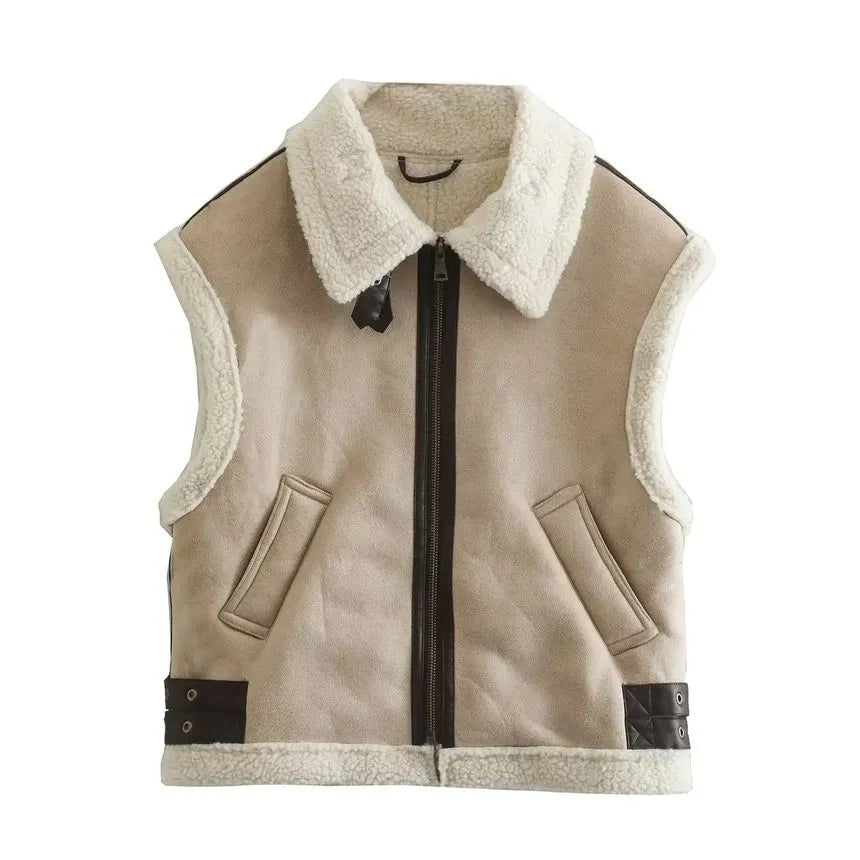 Light Brown Relaxed Shearling Jacket with Statement Collar and Open Front