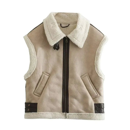 Light Brown Relaxed Shearling Jacket with Statement Collar and Open Front