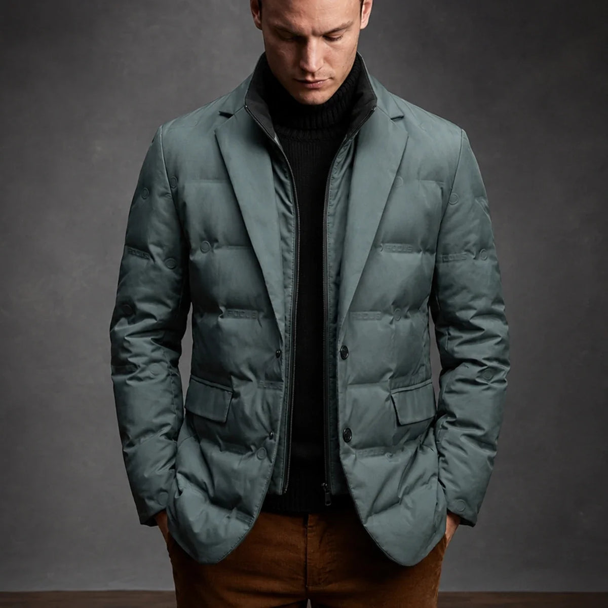 Men's laurel green duck down jacket in blazer style