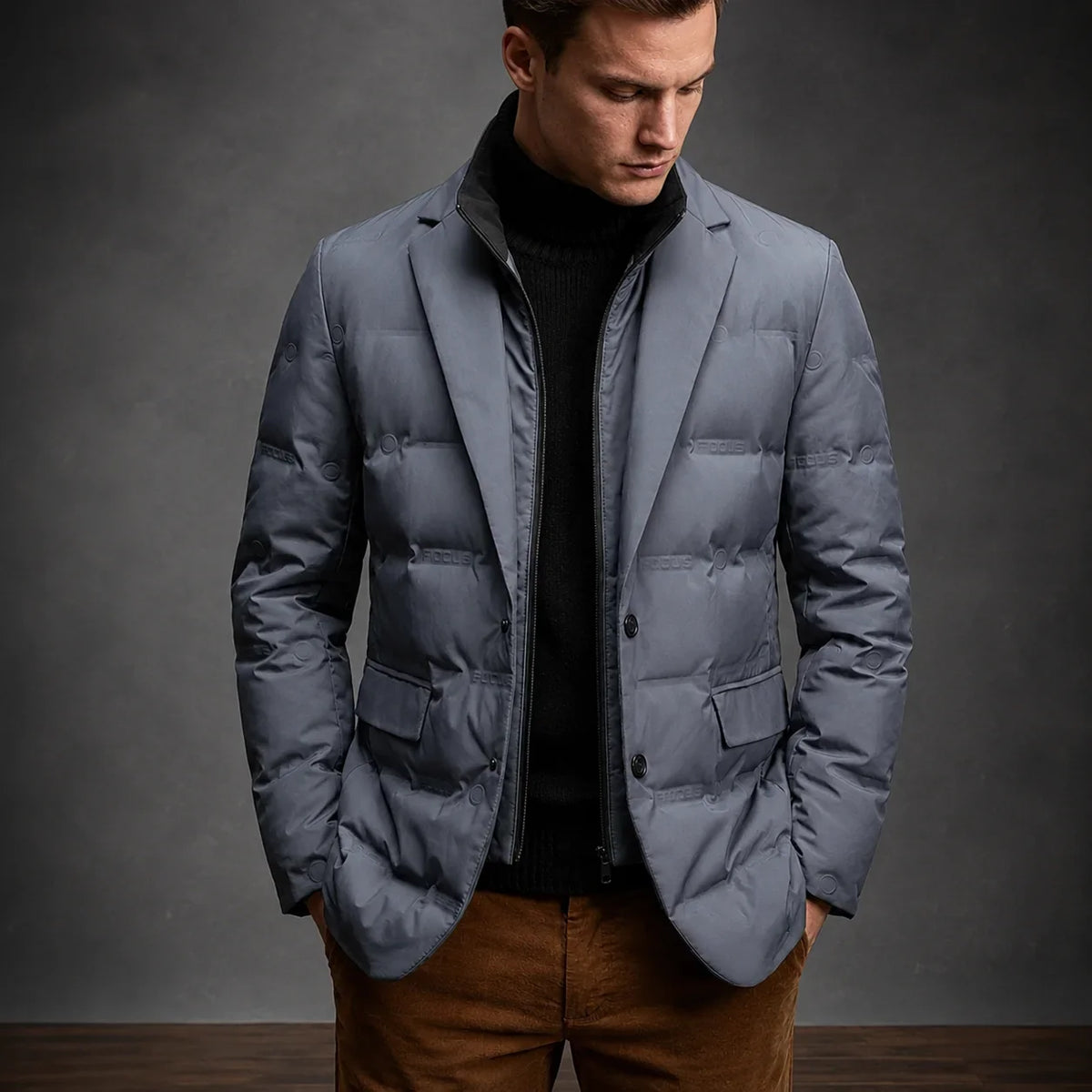 Men's slate gray duck down jacket in blazer style