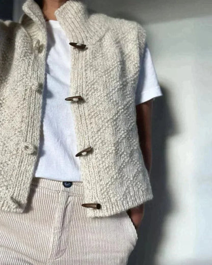 Women's beige chunky knit sleeveless cardigan