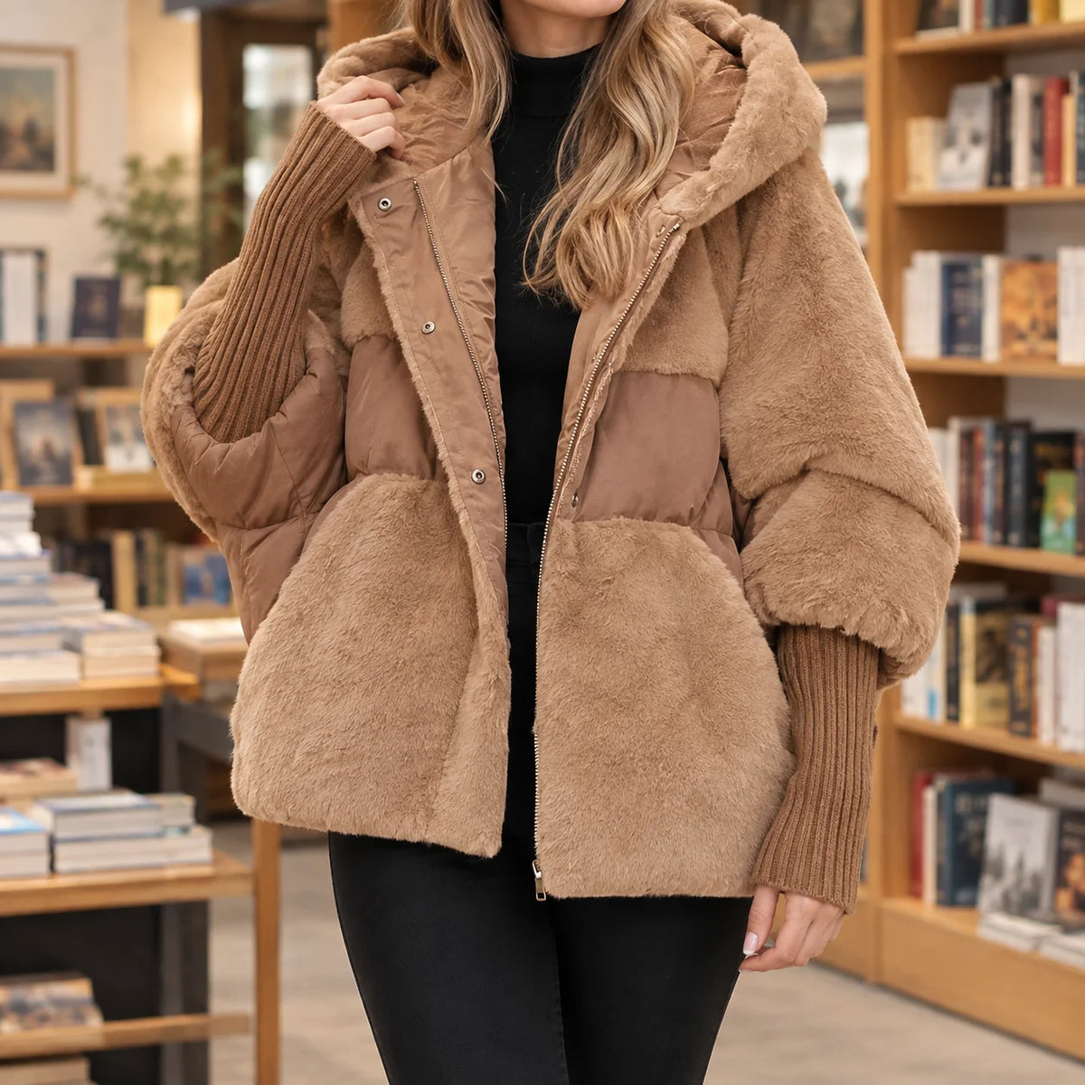 Women's brown quilted cotton jacket with plush panels
