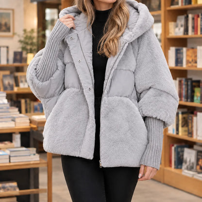Women's beige quilted jacket with plush panel detail