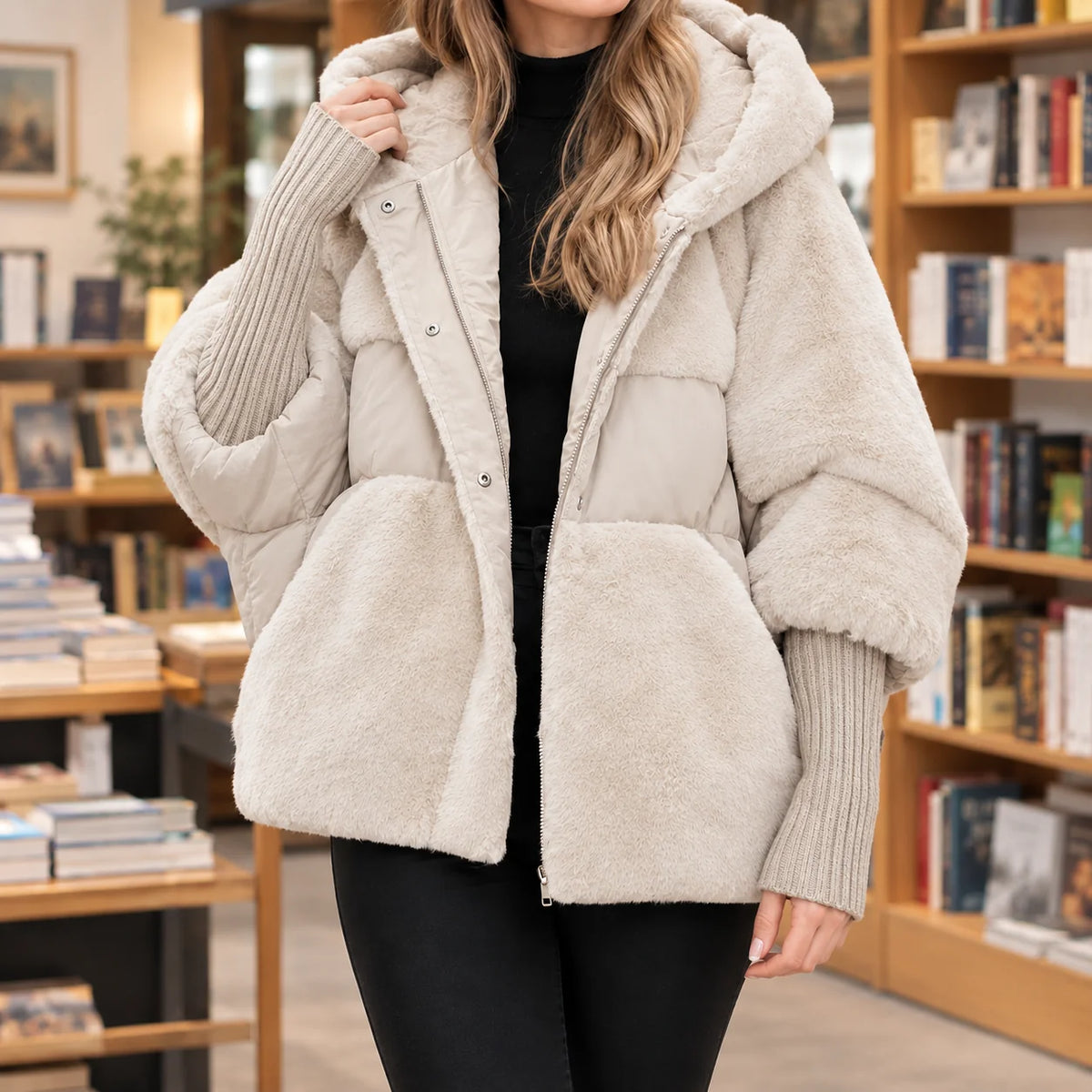 Women's black quilted cotton jacket with generous hood