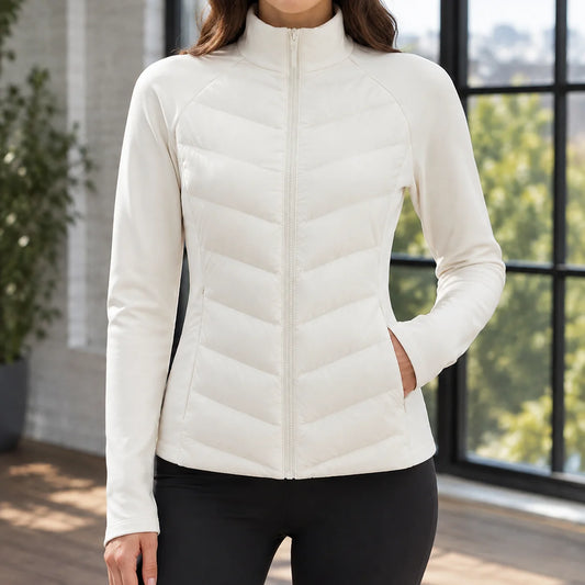 Women's apricot lightweight puffer jacket with chevron quilting