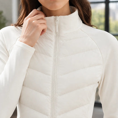 Women's black puffer jacket with tall stand collar