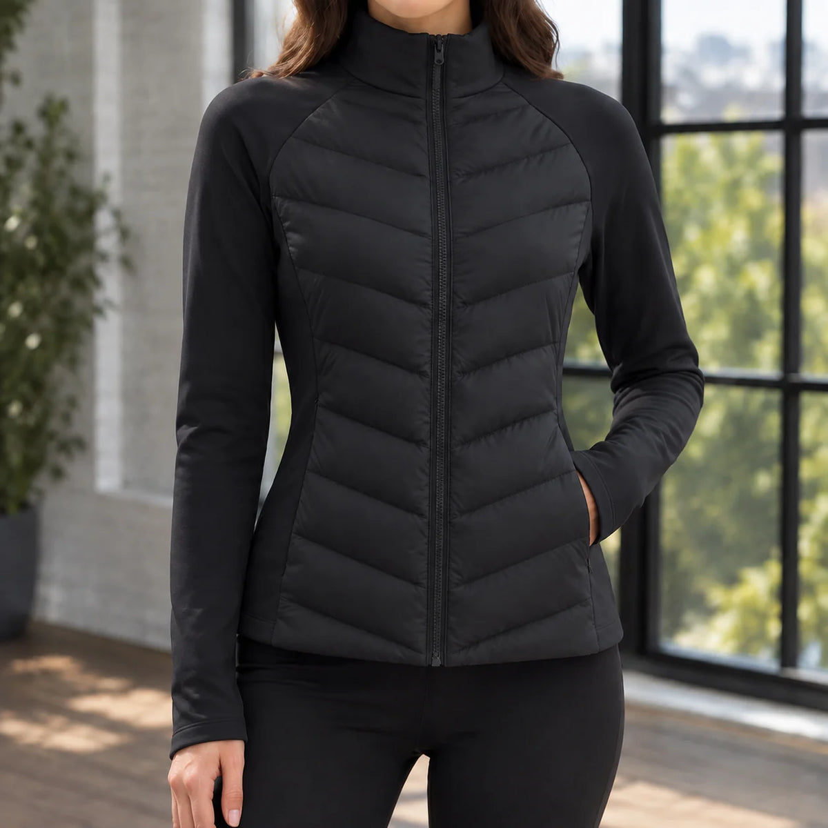 Women's navy lightweight puffer jacket, raglan sleeve detail