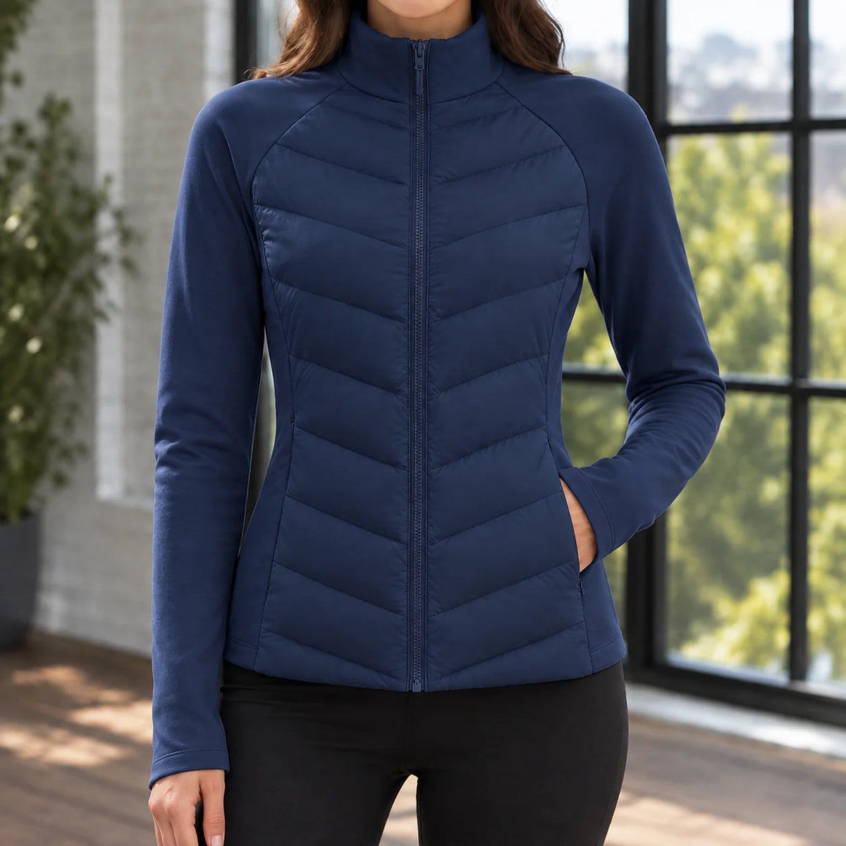 Women's sky blue puffer jacket with chevron quilted front