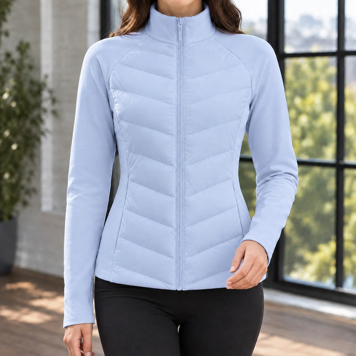 Women's burgundy lightweight puffer jacket, fitted silhouette