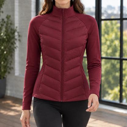 Women's teal puffer jacket, close-up of stand collar