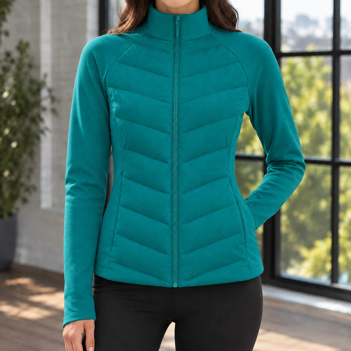 Women's apricot puffer jacket, front zip detail