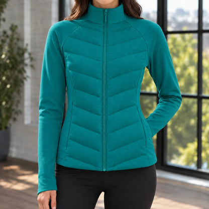 Women's apricot puffer jacket, front zip detail