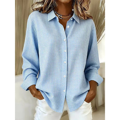 Women's gingham button blouse in light blue